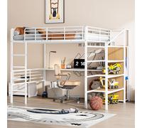 Lits superposés Merax Lit superposé 140x200, lit d'enfant avec bureau, escalier de rangement, armoire ouverte, lit superposé, structure métallique, blanc