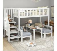 Lits Superposés - Novélys - 90&120x200cm - avec Bureau Convertible & Escalier de Rangement - Lit en Bois - Blanc & Naturel