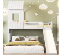 Lits superposés - SINGULARITY - Lit cabane 90x200+140x200 - avec toboggan - blanc - pin+MDF
