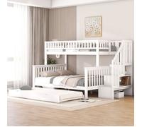 Lits superposés90 x 200 cm et 140 x 200 cm Lit superposé Sommier à lattes en pin avec roulettes et escalier Blanc Matelas non inclus