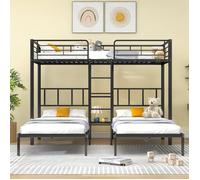 lits superposésLit triple 90x200cm noir avec escalier, grille parachute et table - Meuble enfant & jeune- ados(sans Matelas)