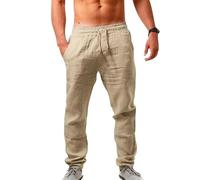 Litthing Pantalon en Lin Homme Pantalons en Coton Yoga Été Décontracté Plage Taille Elastique Léger Pants avec Poches à Cordon de Serrage