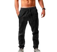 Litthing Pantalon en Lin Homme Pantalons en Coton Yoga Été Décontracté Plage Taille Elastique Léger Pants avec Poches à Cordon de Serrage
