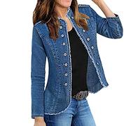 LITTLA Blouson Jean Femme, Costume Femme Veste en Jean Mode Bleu Gland Effiloché Manches Longues Boutonné Veste Veste Vintage Slim Wash Manteau en Denim Délavé Printemps Transition Casual Outwear,M