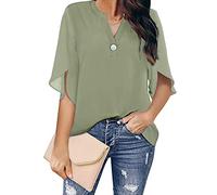 LITTLA Chemise Femme Chic Et Élégant, Chemisier en Mousseline De Soie pour Femme Mode Uni Vert Sauge Pull À Col en V Chemises Tops Casual Fente Lâche Manches 3/4 Chemisiers Boutonnés Été Élégant T