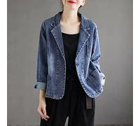 LITTLA Veste en Jean Femme, Veste Blazer en Jean pour Femme Vintage Bleu Lavé Revers Délavé Manches Longues Boutonné Jean Manteau Mode Lâche Court Manteau en Denim Délavé Casual Outwear Tops,M