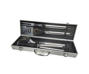 LITTLE BALANCE 3081 Baroud'Fire, Kit Barbecue 4 ustensiles : Pince, Fourchette, Spatule, Brosse, pour Le Jardin, en Camping, randonnée, Vacances. Set Barbecue avec valisette Portable, Tout INOX