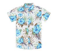 Little & Big Chemise hawaïenne boutonnée à manches courtes pour enfants de 7 à 14 ans, 3A2 Blanc Bleu 1, 13-14 Ans
