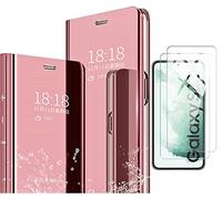Little Boutik Coque Folio Rabat Miroir Rose + 2 Verres Trempes pour Samsung Galaxy S22 5G