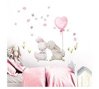 Little Deco DL230 Sticker mural pour chambre de bébé - Motif lapins s'embrassant et ballon rose - Décoration pour chambre d'enfant - Taille S - 40 x 37 cm (l x h)