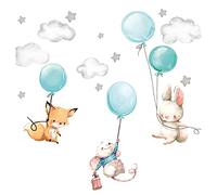 Little Deco DL610 Sticker Mural pour Chambre de bébé Motif Animaux et Ballons I 100 x 58 cm (l x h) I étoiles Sticker Mural Salle de Jeux pour Chambre d'enfant Couleur Menthe