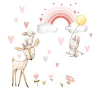 Little Deco DL715 Sticker Mural pour Chambre d'enfant Motif Chevreuil et Lapin I 52 x 35 cm (l x h) I Sticker Mural Fleurs pour Chambre de Fille Décoration de bébé