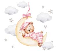 Little Deco DL827-2 Sticker mural décoratif pour chambre d'enfant Motif ours en peluche et étoiles Rose