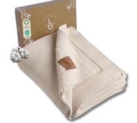 Little Dedi Couverture tricotée régulatrice de température en coton biologique, certifiée GOTS, 80 x 100 cm, beige, idéale comme plaid cadeau élégant pour bébé, respirante
