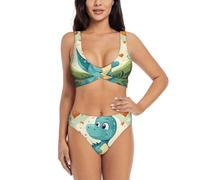 Little Dinosaur in Green Grass Ensemble bikini cintré pour femme avec col en V - Maillot de bain deux pièces pour la plage et la piscine, noir, Taille S