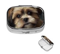 Little Dog Pilulier carré portable à 2 compartiments pour poche ou sac à main Petit planificateur hebdomadaire de médicaments de voyage avec miroir décoratif en métal Porte-vitamines Cadeau