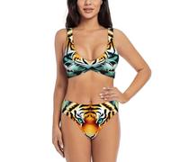 Little Fat Maillot de bain 2 pièces pour femme avec col en V et imprimé tête de tigre pour la plage et la piscine, Noir/blanc, XL