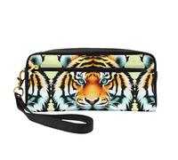 Little Fat Petite trousse de maquillage en cuir imprimé tête de tigre - Trousse de toilette de voyage pour femme, pochette cosmétique réutilisable avec fermeture éclair