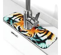 Little Fat Tapis de robinet en forme de tête de tigre pour évier de cuisine, 14 x 38,1 cm, diatomite à séchage rapide, plateau d'évier super absorbant, poignée de robinet, attrape-gouttes pour cuisine