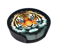 Little Fat Tiger Head Lot de 6 dessous de verre ronds en cuir pour boissons avec support (9,9 cm) pour la maison et la cuisine
