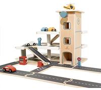 Little Log Garage en bois pour voiture avec accessoires, garage de jeu avec ascenseur, hélicoptère (70 x 50 x 36,5 cm)
