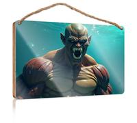 Little Man Cave Panneau en bois avec inscription « A Muscular Green Skinned Creature with Sharp Teeth is Emerging from The Water » (23 x 35 cm)