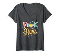 Little Miss Pre-K Diva | Princesse préscolaire T-Shirt avec Col en V, Femme, Chiné Foncé, L