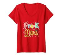 Little Miss Pre-K Diva | Princesse préscolaire T-Shirt avec Col en V, Femme, Rouge, M