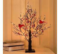 Little Red Bird Tree Light, Vintage Glowing Tree, 21in Cardinals Trees Fairy LED Light with Lighted Branches & Red Berries, Birch Bonsai Twinkle Trees Lamp for Halloween, Christmas(2pcs)