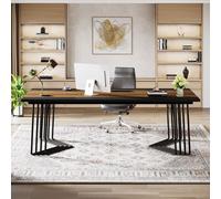 LITTLE TREE Bureau 200cm Table de conférence, 2 personnes Table d'ordinateur Home Office avec solide structure géométrique en métal, brun rustique
