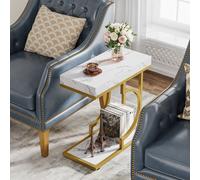 LITTLE TREE Table d'appoint étroite, Table d'appoint moderne en forme de C, Table de chevet Table basse avec structure métallique pour le salon Chambre à coucher, Blanc Or