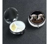 Little White Bulldog Pilulier rond portable à 3 compartiments pour poche ou sac à main Petit planificateur hebdomadaire de médicaments de voyage avec miroir décoratif en métal Porte-vitamines Cadeau