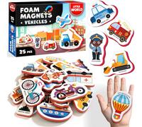 Little World 25 Aimant Enfant en Mousse pour Réfrigérateur, Magnet Frigo Enfant Sûr Et Durable, Voitures Et Véhicules Magnetique Enfants, Imperméable Et Non Toxique, avec Boîte Cadeau, pour Bébés 1-3