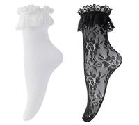 LittleForBig Lot de 2 paires de chaussettes en résille à volants en dentelle avec motif rose - Noir et blanc, noir et blanc, taille unique