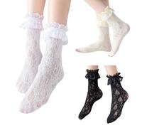 LittleForBig Lot de 3 paires de chaussettes à volants en dentelle à volants Rose/motif cœur Noir/blanc et beige, Motif rose., Taille unique