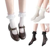 LittleForBig Lot de 3 paires de chaussettes à volants en dentelle à volants Rose/motif cœur Noir/blanc et beige, Motif cœur., Taille unique