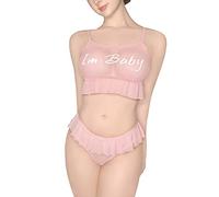 LittleForBig Maille Tutu Dentelle Femmes Pyjama Vêtements de Nuit à Bretelles Cami Top String Bralette Ensemble -I'm Baby Rose XS