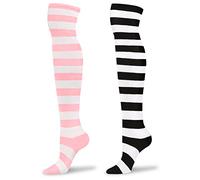 LittleForBig Mignonnes Genoux Haut Écolière Longs Rayé Chaussettes 2 paires - Rose et Noir