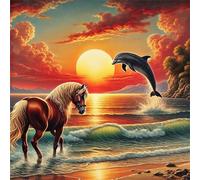 Lituor 5D Diamond Painting Animaux du coucher de soleil Peinture Diamant Kit Complet,Rond DIY Chevaux Dauphins Diamond Art Painting,Broderie Diamant Strass Point de Croix Murale Décor Cadeau 75x75 cm