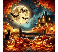 Lituor 5D Diamond Painting Halloween Peinture Diamant Kit Complet,Rond DIY Chat Citrouilles au Clair de Lune Diamond Art Painting,Broderie Diamant Strass Point de Croix Murale Décor Cadeau 45x45 cm