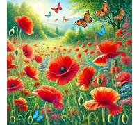 Lituor Papillon coquelicot Peinture Diamant Adulte,DIY Rond Art du Diamant Painting Kit Complet,5D Broderie Fleurs des champs Diamond Painting Point de Croix Painting pour Murale Décor 65x65 cm