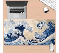 Lituor Tapis de Souris de Jeu 800x400x3mm,sous Main Bureau avec Base en Caoutchouc Antidérapant,Grand Tapis de Souris XXL pour PC et Ordinateur Portable,Vagues Bleues japonaises