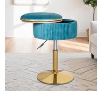 LITZFUR Tabouret de coiffeuse réglable pour salle de maquillage, pivotant à 360°, doré, repose-pieds ottoman de rangement rond, pour salon, chambre à coucher, bleu