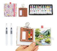 LIU Link Kit Aquarelle, Set Aquarelle Voyage Comprend Boîte Peinture Bois 8 Compartiments Carnet Motif Fleurs Cerisier Croquis 2 Pinceau Clips 12 Peintures Débutants Portable Watercolor Peinture Set