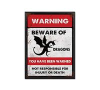 LIUAXICIA Plaque en métal vintage avec cadre en métal « Beware of Dragons » - Décoration murale - 30,5 x 40,6 cm