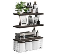 LIUCONGBD Étagères flottantes avec panier de rangement en fil de fer - Étagère de salle de bain en bois pour décoration murale - Lot de 3 + 1 organisations sur les toilettes - Pour salle de bain,