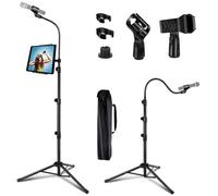 LIUGAST - Support de microphone portable avec support de téléphone, trépied à col de cygne réglable de 0,9 à 1,8 m, 2 clips de micro standard, noir