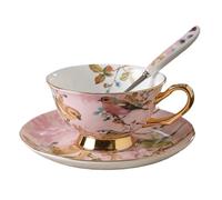 LIUHLFSR Ensemble de tasses à café en porcelaine avec motif fleurs roses et oiseaux, ensemble créatif céramique bordure dorée, tasse thé soucoupe cuillère Pour Latte, Cappuccino et Thé(Pink)
