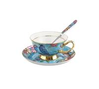 LIUHLFSR Ensemble de tasses à café en porcelaine avec motif fleurs roses et oiseaux, ensemble créatif céramique bordure dorée, tasse thé soucoupe cuillère Pour Latte, Cappuccino et Thé(Blue)