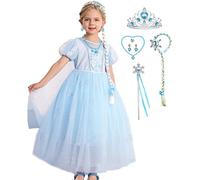 LiUiMiY Déguisement Elsa Costume Filles Princesse Reine des Neiges Robe Bleu avec Accessoires pour Noël Anniversaire Carnaval Halloween, Bleu, 6-7 Ans (Étiqueter 140)